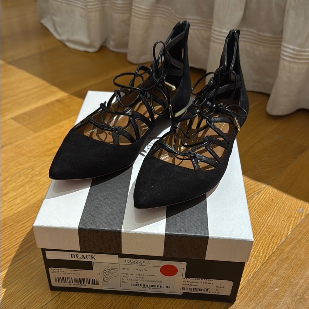 Aquazzura Black Lace-Up Pointed Flats